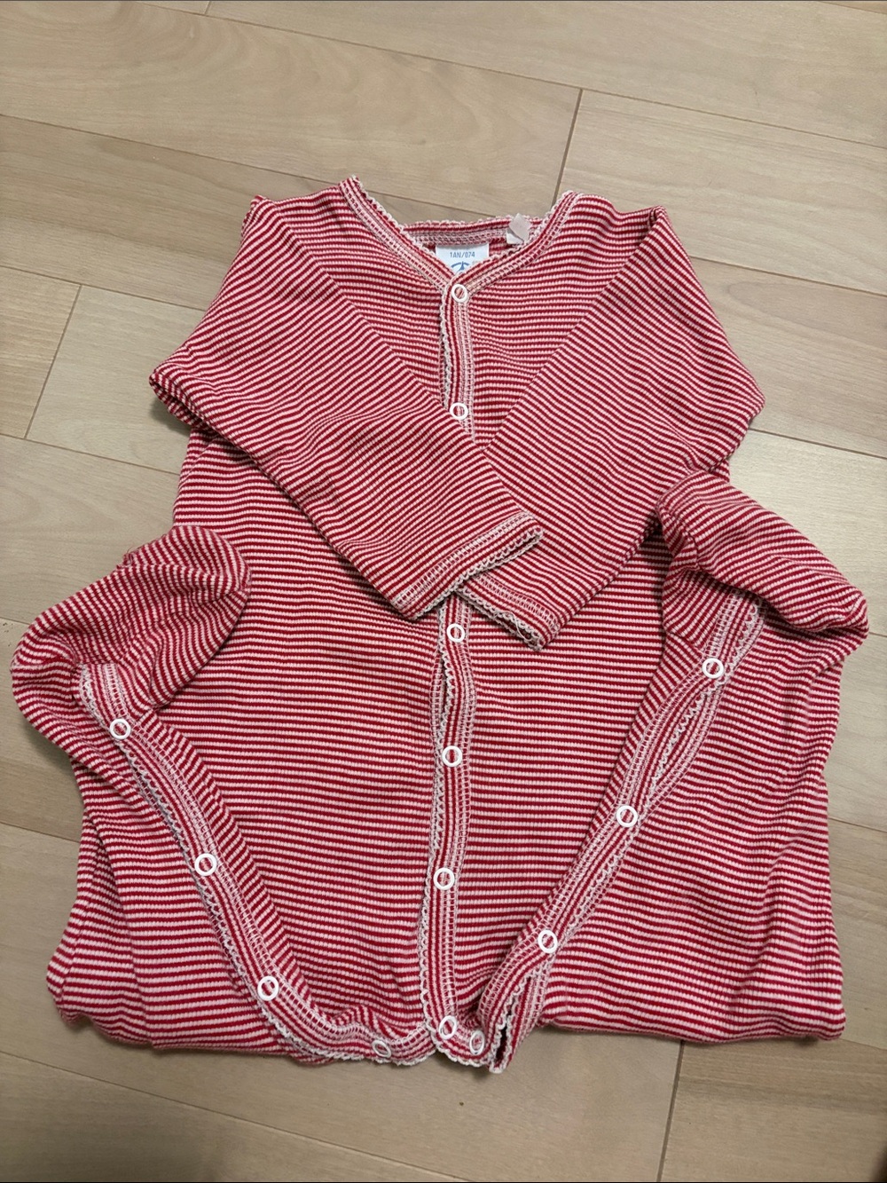 PETIT BATEAU Striped Red & White Baby Snap Onesie